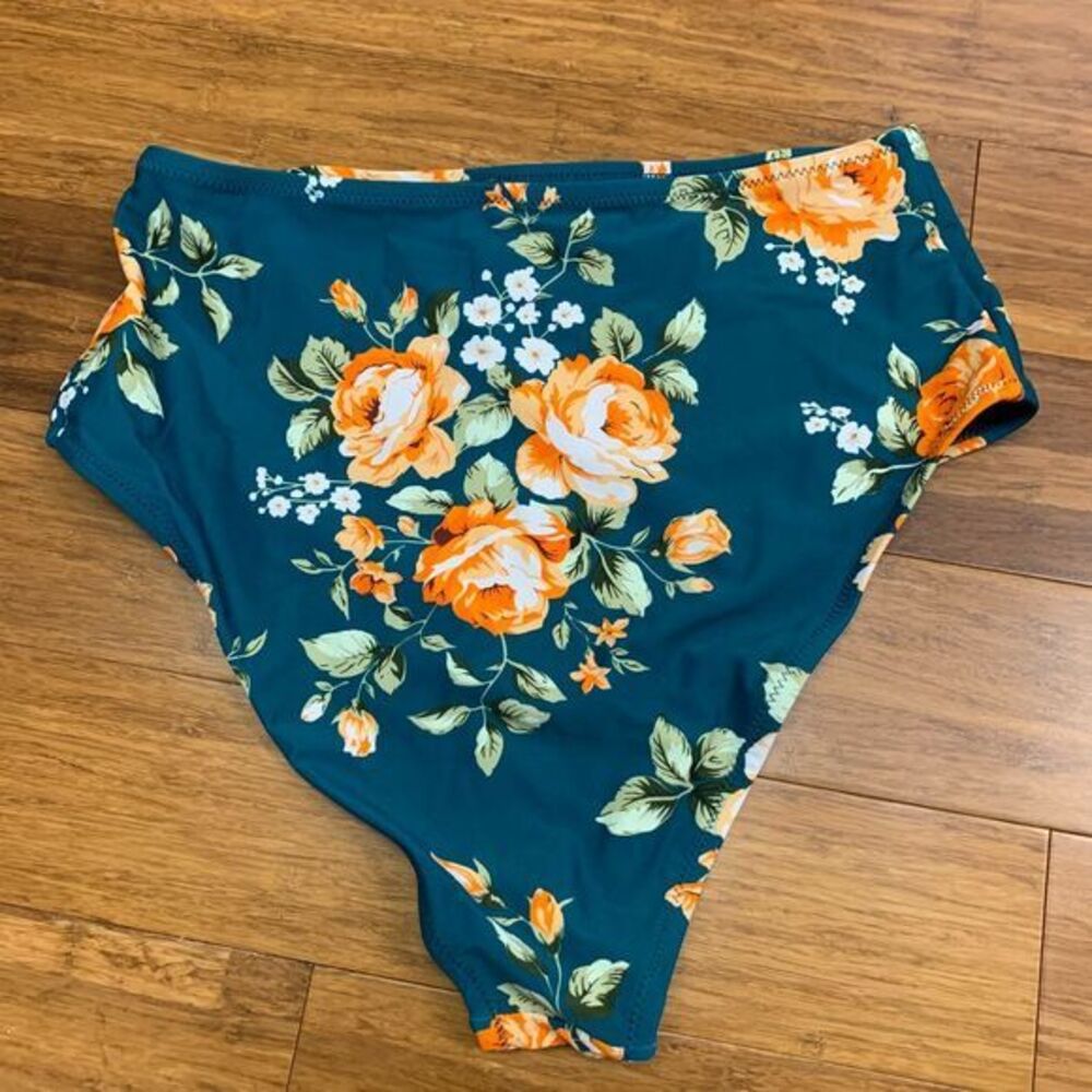 Cupshe Bikini Bottoms Womens Large‎ Teal Floral High Waisted Rose Print Swimwear - Picture 2 of 5
